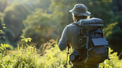 Fototapeta premium An avid photographer using their solar backpack to keep their camera batteries charged during a daylong shoot.