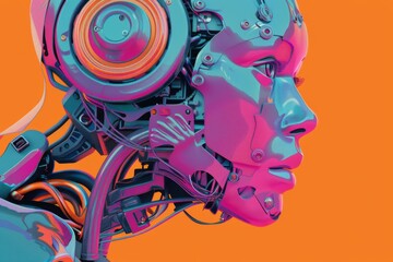 Abstract robot portrait on orange canvas with intricate mechanical details. Tagline reads Artificial Intelligence. Colors electric pink, azure, powder blue.