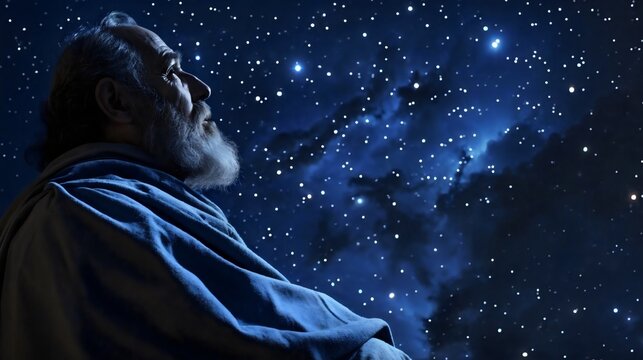 Abraham sitting on step gazing at starry night sky, faith and reflection in biblical history