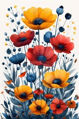 A colorful illustration of a field of flowers in a simple, vector style. The flowers are red, yellow, and blue with blue stems and leaves