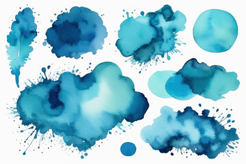 Set of abstract watercolor stains in blue and cyan shades on white background. For digital design, artistic compositions, marketing materials, decorative projects, creative presentations, modern decor