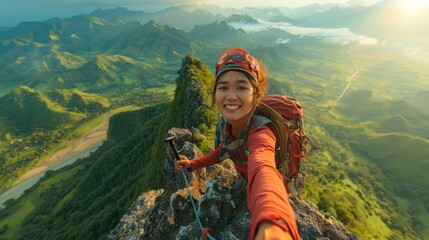 Young woman hiker taking a selfie on a mountain peak with a scenic landscape in the background