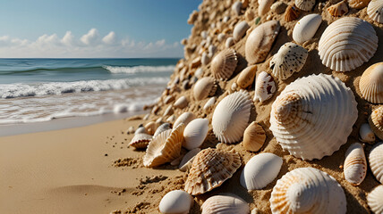 A sandy background adorned with sea shells providing ample room for a copy space image. Top views background Ai generative.