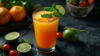A glass of orange juice with lime and mint leaves on the side