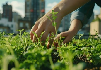 Close Up of Hand Tending to Greenery in Urban Setting