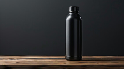 Matte black stainless steel bottle on a wooden surface.