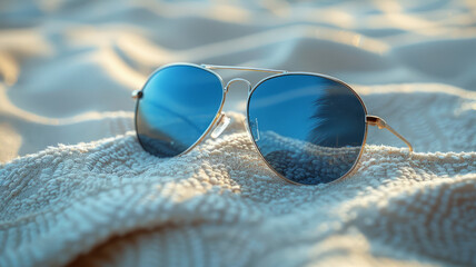 Aviator sunglasses on a textured beach towel in the sand.