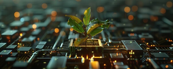 A plant that thrives on a microchip with a blur effect background