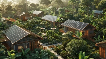 Illustration of a sustainable tourism resort with solar-powered amenities and integrated battery storage