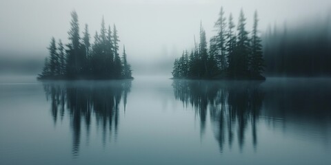 Fototapeta premium Blurred northern pine forest lake with silhouetted trees and reflections, nature's tranquility