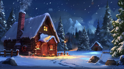 Snowy Cabin in Woods - Cozy Winter Desktop Wallpaper Gen AI