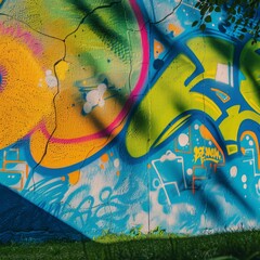 Colorful Graffiti Wall with Green Grass