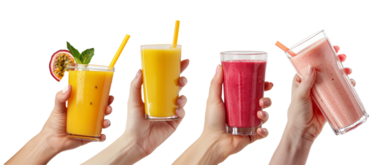 Different Hands holding Smoothie juice glass isolated on background, summer drink and beverage for healthy lifestyle.