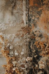 Photo of dried plants and flowers on wall with neutral tones and moody aesthetic, art concept