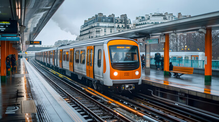 Fototapeta premium Un métro à quai dans une station urbaine par temps pluvieux, avec quelques passagers en attente sur le quai.