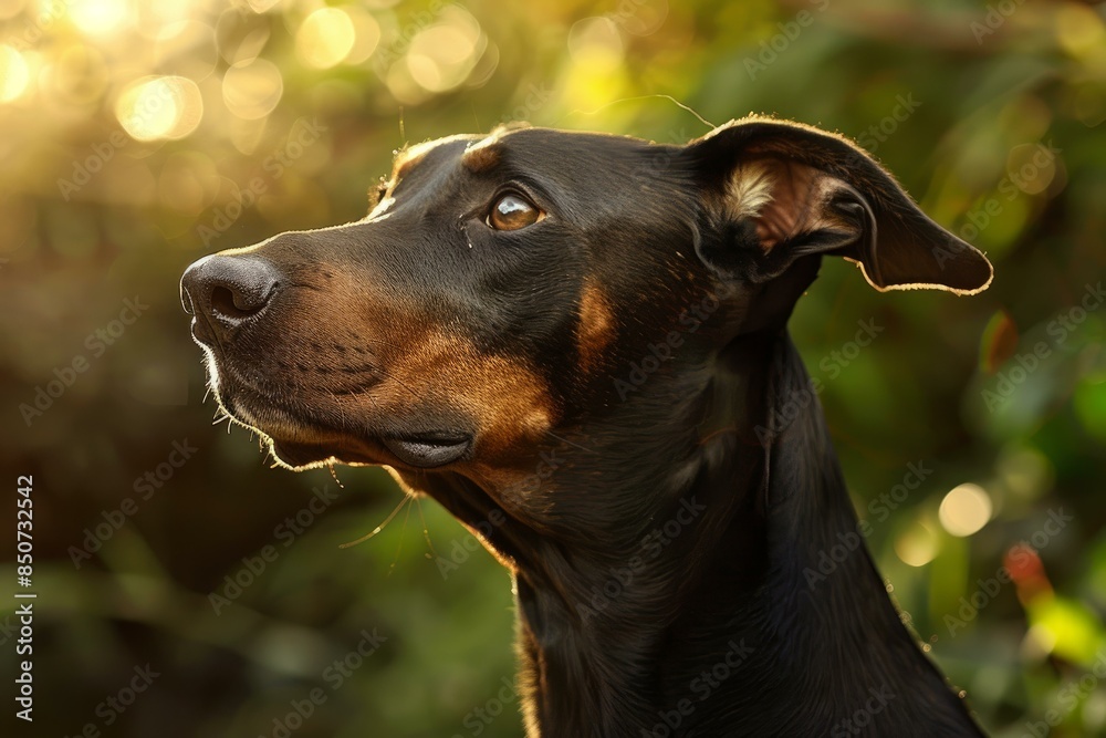 Canvas Prints Closeup of a doberman dog's face, basking in the warmth of the sunset light