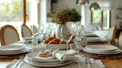 Clean dishes, dry spikes and fresh pastries on table in stylish dining room wide angle lens