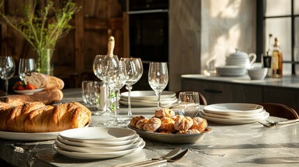 Clean dishes, dry spikes and fresh pastries on table in stylish dining room wide angle lens