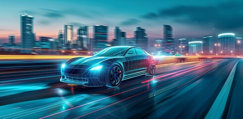 Fototapeta premium Futuristic Car Driving Through a High-Tech Cityscape. self driving cars on highway with futuristic technology waves in the air, skyline city background, motion blur, high speed