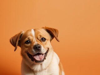 Cute adorable brown and white dog looking at camera, open mouth, tongue out, orange isolated background