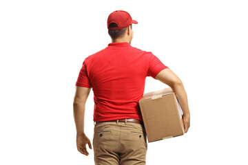 Rear view shot of a delivery man holding a cardboard box