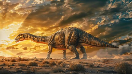 In this dramatic image, a Majungasaurus stands in a dry savanna under a fiery sunset, casting a powerful silhouette against a vibrant sky.
