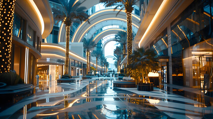 A luxurious Dubai cityscape with modern architecture, upscale shopping malls, and lavish resorts, showcasing the city's opulence.