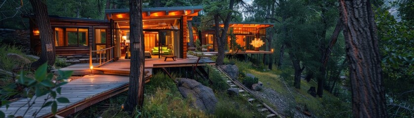 Fototapeta premium Modern wooden cabin with large windows and warm lighting nestled among trees in a forest, showcasing architectural harmony with nature.