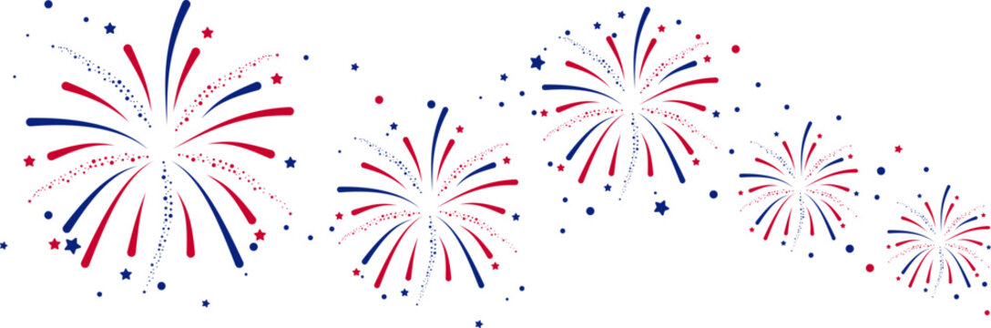  Fireworks Fourth of July .Set of  fireworks with  a red and blue stars and sparks . United states of america independence day fireworks. Red, blue fireworks for 4th of July .