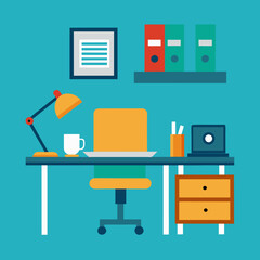 Office interior design with table, chair, laptop, monitor, books and document folder  vector illustration.