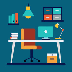 Office interior design with table, chair, laptop, monitor, books and document folder  vector illustration.