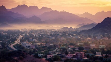 Fototapeta premium A desert city nestled against a backdrop of mountains at dawn, panoramic view capturing the unique landscape