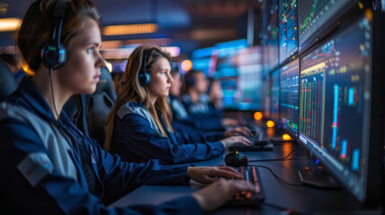 A group of people are working on computers with a blue screen in the background