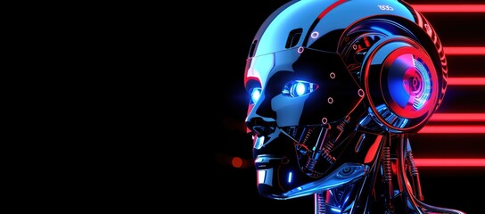 Illustration of a robot head with glowing red lines on a black background