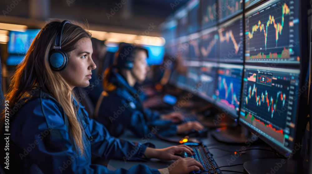 Poster a woman is working on a computer with a headset on