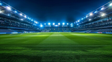 The football stadium with lights and empty green grass is a Stock-based football stadium sport
