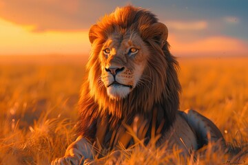 Majestic lion resting in the golden savanna at sunset, showcasing its powerful presence and natural...