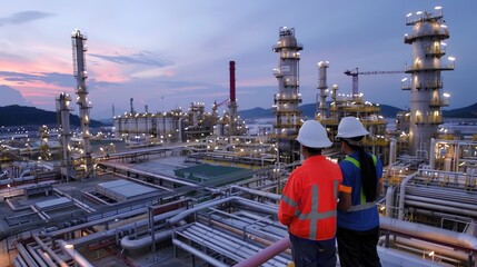 Engineer men,women standing back to control work, oil refinery.