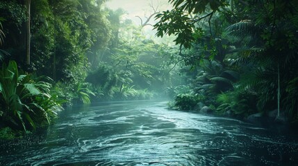A lush tropical rainforest winds along a calm river