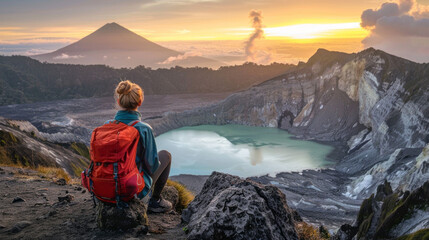 Fototapeta premium A woman sits on a rock overlooking a lake and a volcano