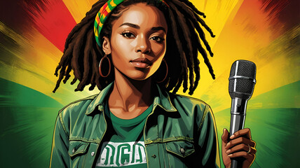 a young girl standing in front of microphone on international reggae day.
