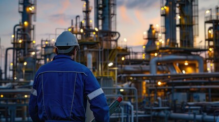 Fototapeta premium Engineer men,women standing back to control work, oil refinery.