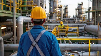Fototapeta premium Engineer men,women standing back to control work, oil refinery.