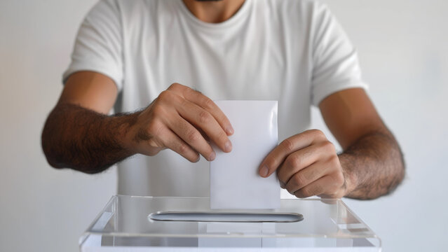 mains d'homme en train de d&eacute;poser un bulletin de vote dans une urne