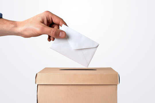 main d'homme en train de d&eacute;poser un bulletin de vote dans une urne