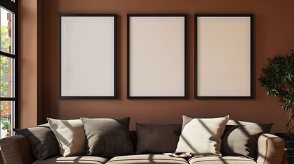 Three black frames on a rich chocolate brown wall, warm and inviting living room