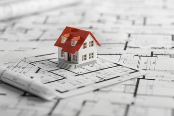 Model house on architectural blueprints. Conceptualizing home construction and design. Useful for presentations, architecture projects, and real estate materials. Front view. Generative AI