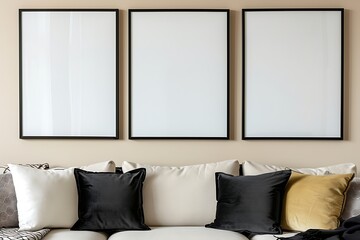 Three black frames on a soft beige wall, elegant and understated living room