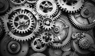 Interlocking gears and cogs are shown in sepia tone, highlighting how complex mechanical design and engineering is.