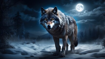 A fierce wolf, its eyes glowing in the darkness, prowling through a winter wonderland under the light of the full moon.